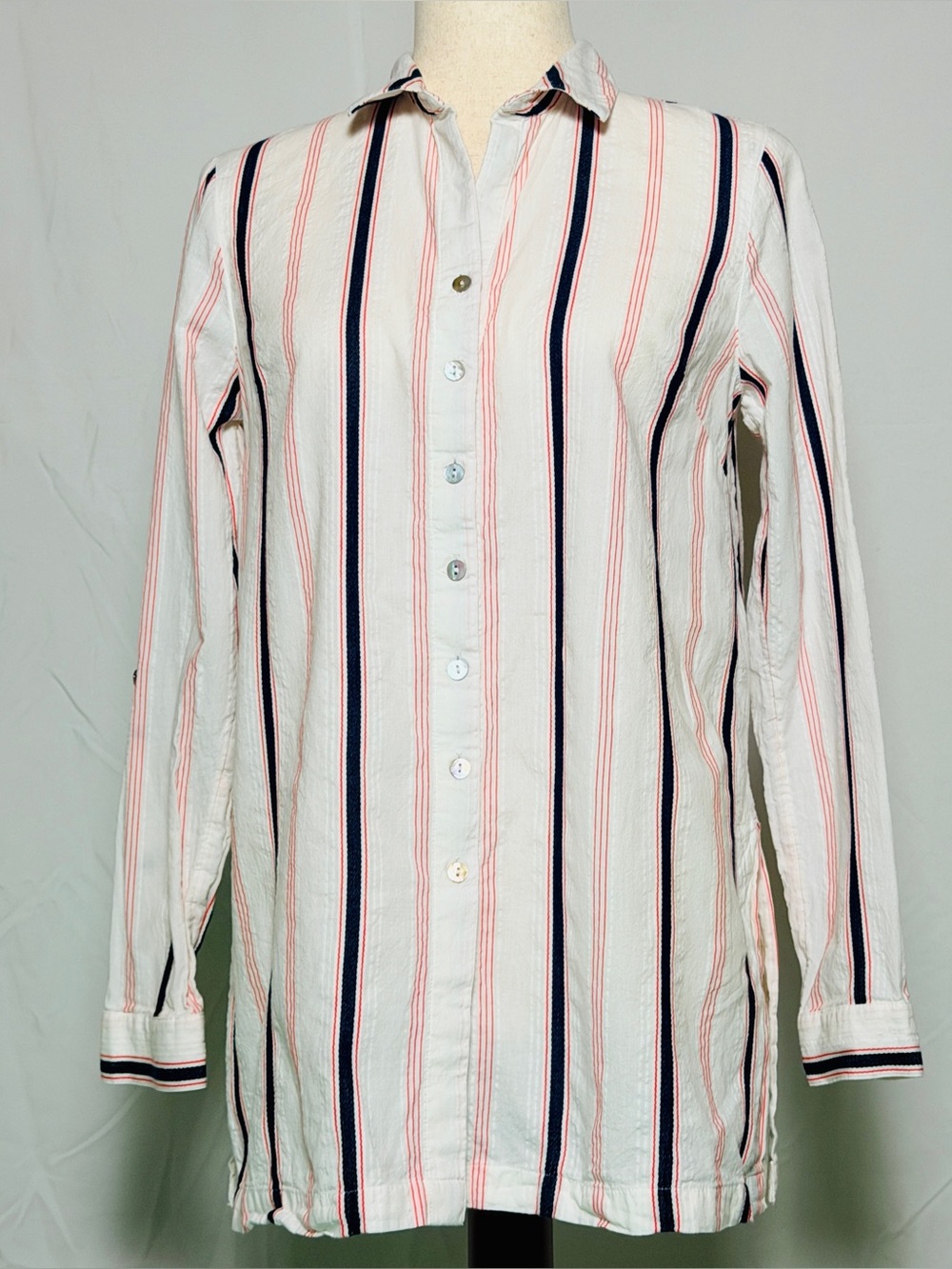 Women's White Button-Down Shirt with Pink & Navy Stripes, swim cover up, causal